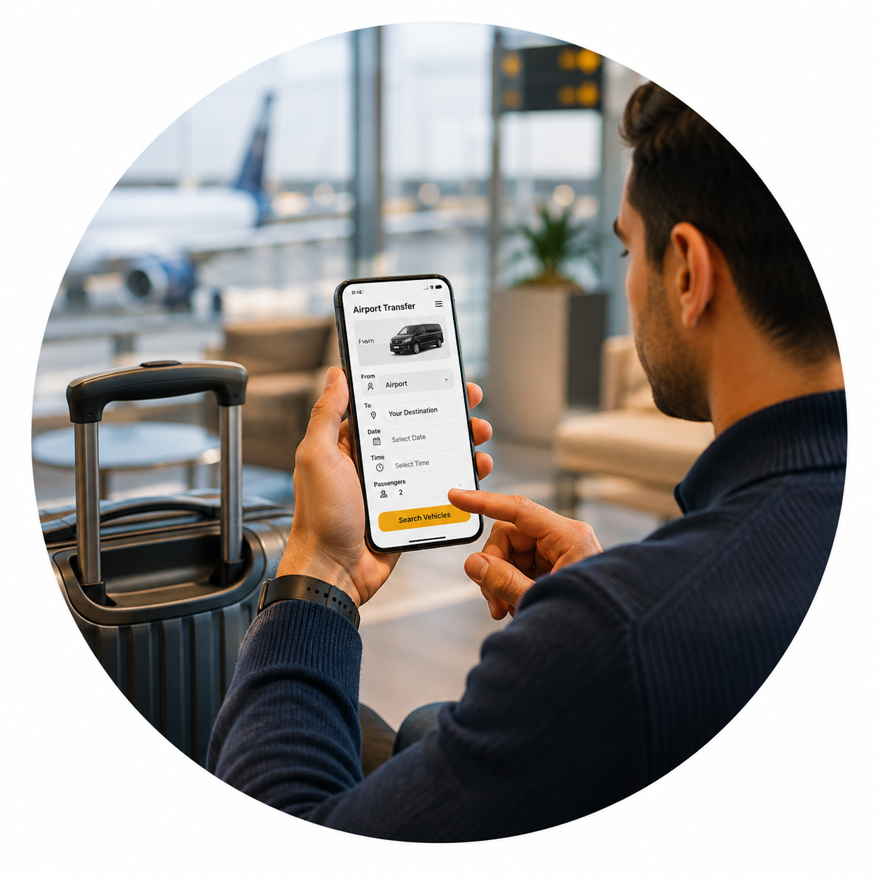 Traveller booking a private airport transfer online at an airport terminal