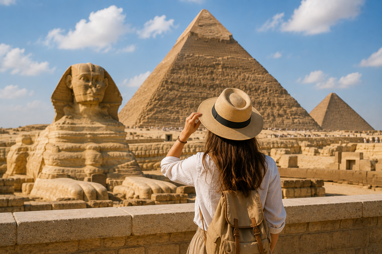 Traveller visiting the Giza Pyramids and Great Sphinx during a Cairo layover